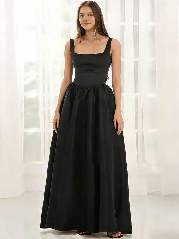 A-Line/Princess Black Prom Dress Square Neck Maxi Dress Sleeveless Floor-Length Formal Dresses with Back Bowknot