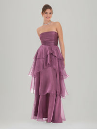 A-Line/Princess Organza Strapless Sleeveless Floor-Length Prom Dresses with Ruffles