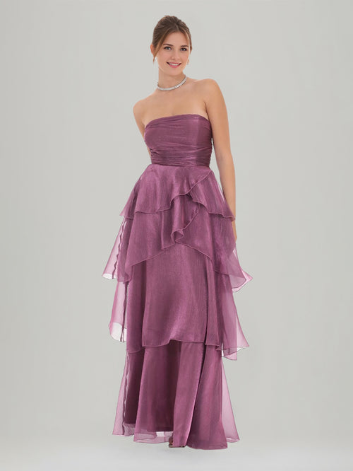 A-Line/Princess Organza Strapless Sleeveless Floor-Length Prom Dresses with Ruffles