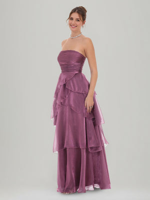 A-Line/Princess Organza Strapless Sleeveless Floor-Length Prom Dresses with Ruffles