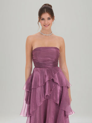 A-Line/Princess Organza Strapless Sleeveless Floor-Length Prom Dresses with Ruffles