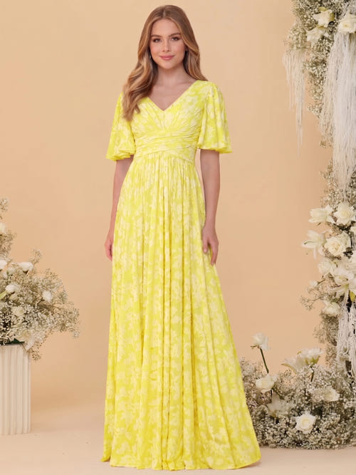A-Line/Princess V-Neck Short Sleeves Long Bridesmaid Dresses