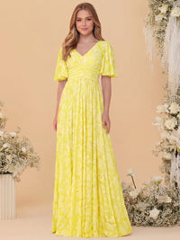 A-Line/Princess V-Neck Short Sleeves Long Bridesmaid Dresses