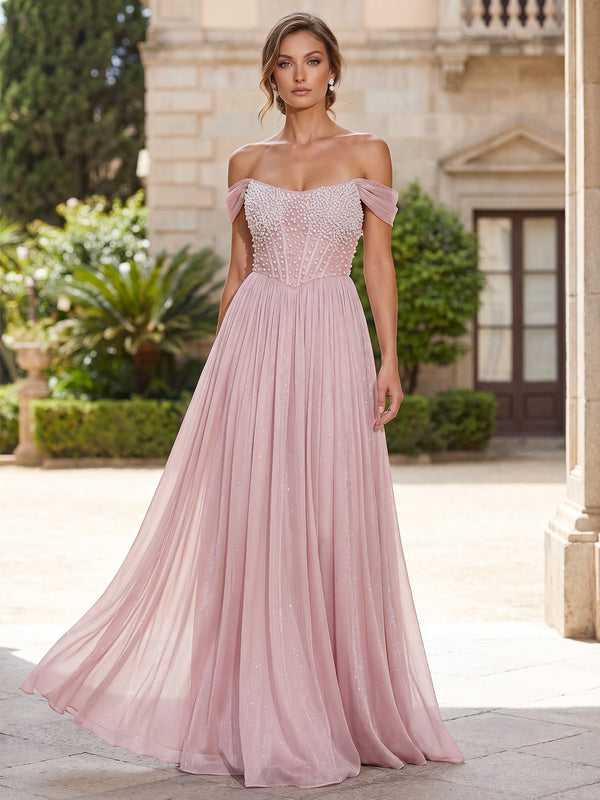 A-Line/Princess Formal Dresses Floor Length Chiffon Off-the-Shoulder Pink Sleeveless Runched  Sparkle Wedding Guest Dress With Pearl & Corset Basque Wais