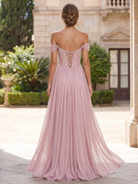 A-Line/Princess Formal Dresses Floor Length Chiffon Off-the-Shoulder Pink Sleeveless Runched  Sparkle Wedding Guest Dress With Pearl & Corset Basque Wais