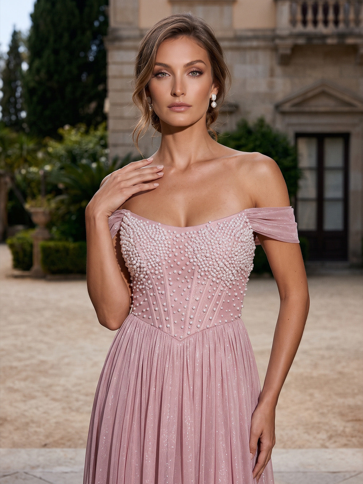 A-Line/Princess Formal Dresses Floor Length Chiffon Off-the-Shoulder Pink Sleeveless Runched  Sparkle Wedding Guest Dress With Pearl & Corset Basque Wais