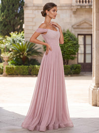 A-Line/Princess Formal Dresses Floor Length Chiffon Off-the-Shoulder Pink Sleeveless Runched  Sparkle Wedding Guest Dress With Pearl & Corset Basque Wais
