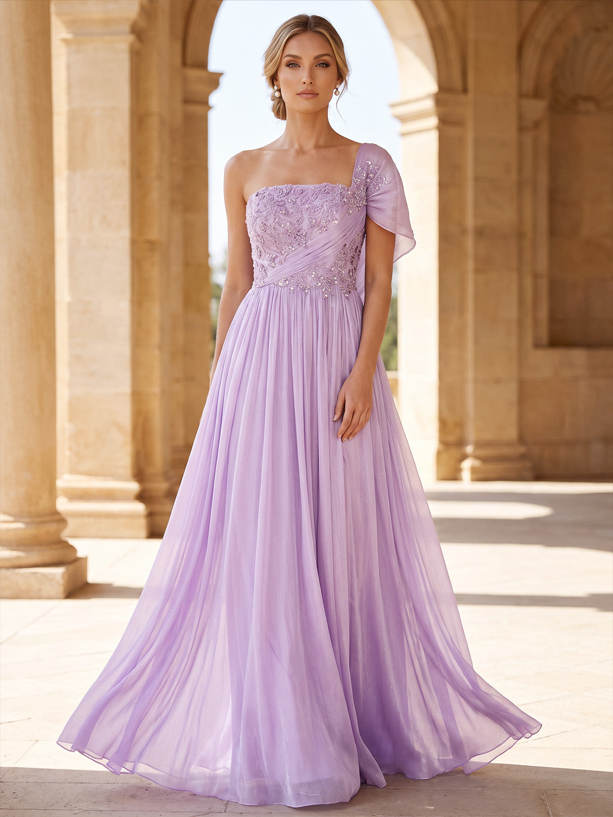 A-Line/Princess Formal Dresses Floor Length Chiffon One-Shoulder Lilac Sleeveless Runched  Sparkle Wedding Guest Dress With Beading