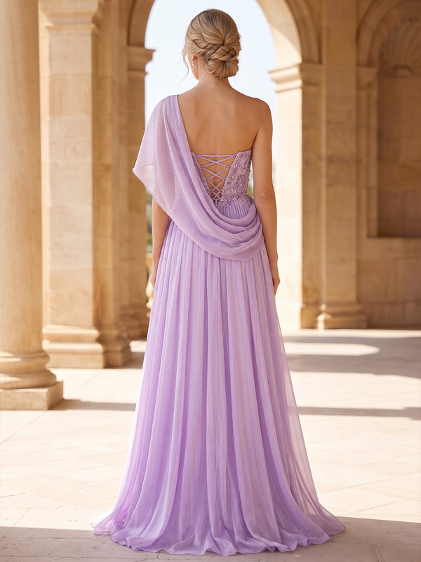 A-Line/Princess Formal Dresses Floor Length Chiffon One-Shoulder Lilac Sleeveless Runched  Sparkle Wedding Guest Dress With Beading