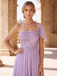 A-Line/Princess Formal Dresses Floor Length Chiffon One-Shoulder Lilac Sleeveless Runched  Sparkle Wedding Guest Dress With Beading