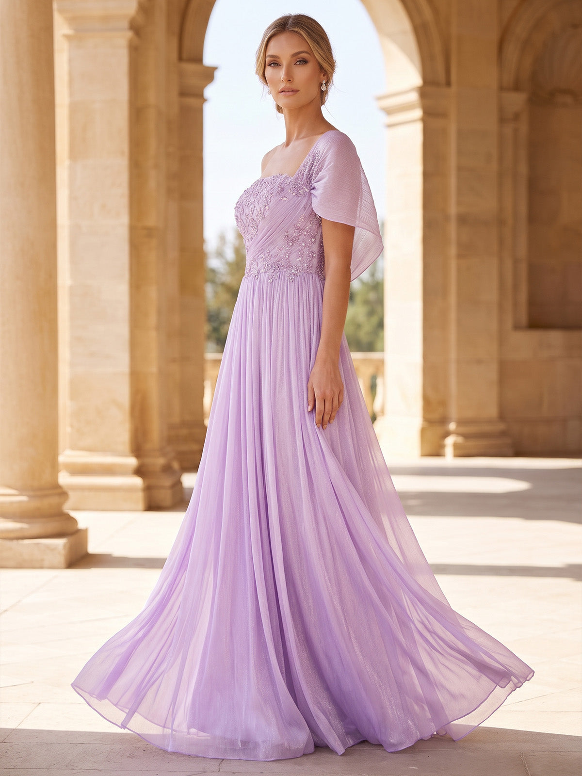 A-Line/Princess Formal Dresses Floor Length Chiffon One-Shoulder Lilac Sleeveless Runched  Sparkle Wedding Guest Dress With Beading