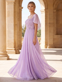 A-Line/Princess Formal Dresses Floor Length Chiffon One-Shoulder Lilac Sleeveless Runched  Sparkle Wedding Guest Dress With Beading