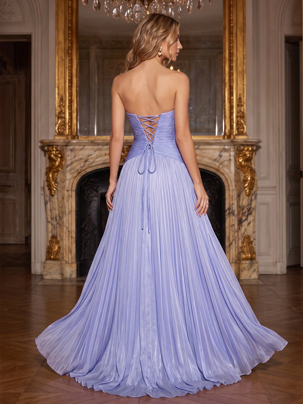 A-Line/Princess Formal Dresses Floor Length Chiffon Strapless Lavender Sleeveless Runched  Sparkle Wedding Guest Dress With Pleated & Rhinestone