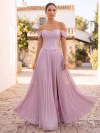 A-Line/Princess Formal Dresses Floor Length Chiffon Off-the-Shoulder Candy PInk Sleeveless Runched  Sparkle Wedding Guest Dress With Pleated