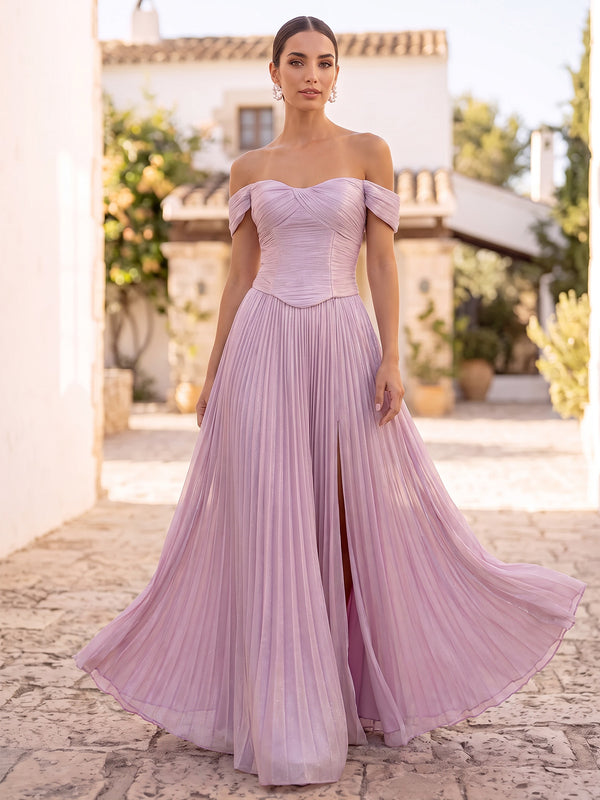 A-Line/Princess Formal Dresses Floor Length Chiffon Off-the-Shoulder Candy PInk Sleeveless Runched  Sparkle Wedding Guest Dress With Pleated