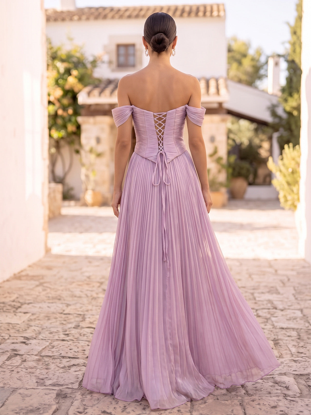 A-Line/Princess Formal Dresses Floor Length Chiffon Off-the-Shoulder Candy PInk Sleeveless Runched  Sparkle Wedding Guest Dress With Pleated