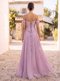 A-Line/Princess Formal Dresses Floor Length Chiffon Off-the-Shoulder Candy PInk Sleeveless Runched  Sparkle Wedding Guest Dress With Pleated