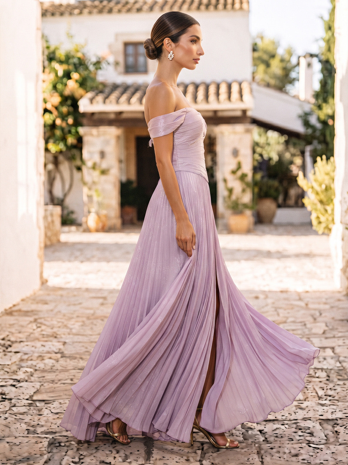 A-Line/Princess Formal Dresses Floor Length Chiffon Off-the-Shoulder Candy PInk Sleeveless Runched  Sparkle Wedding Guest Dress With Pleated