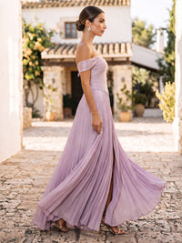 A-Line/Princess Formal Dresses Floor Length Chiffon Off-the-Shoulder Candy PInk Sleeveless Runched  Sparkle Wedding Guest Dress With Pleated