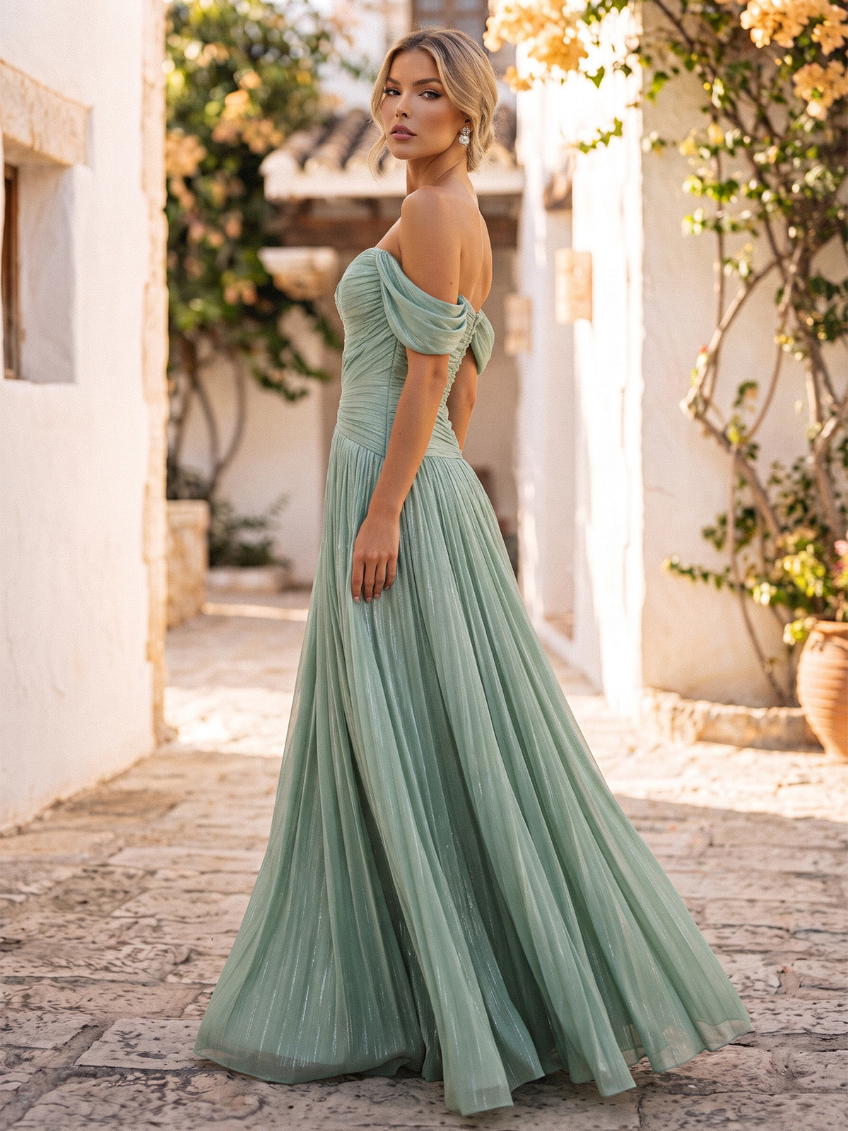 A-Line/Princess Formal Dresses Floor Length Chiffon Off-the-Shoulder Sage Sleeveless Runched  Sparkle Wedding Guest Dress