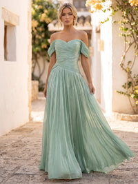 A-Line/Princess Formal Dresses Floor Length Chiffon Off-the-Shoulder Sage Sleeveless Runched  Sparkle Wedding Guest Dress