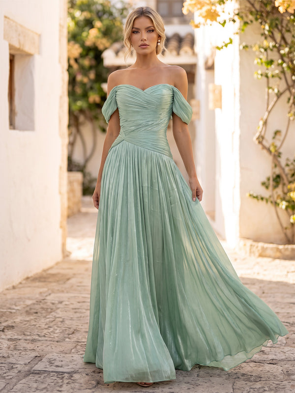A-Line/Princess Formal Dresses Floor Length Chiffon Off-the-Shoulder Sage Sleeveless Runched  Sparkle Wedding Guest Dress