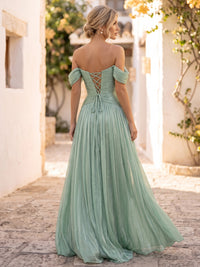 A-Line/Princess Formal Dresses Floor Length Chiffon Off-the-Shoulder Sage Sleeveless Runched  Sparkle Wedding Guest Dress