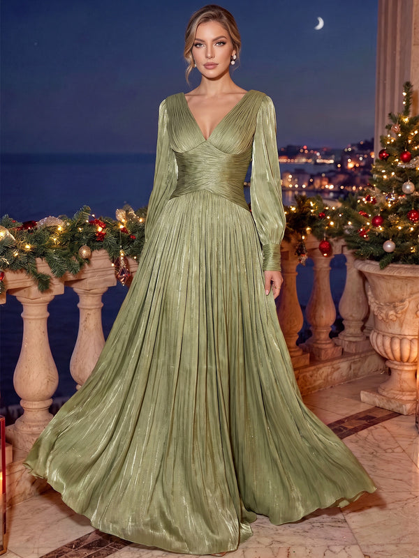 A-Line/Princess Formal Dresses Floor Length Chiffon V-Neck Long Sleeves Runched Sparkle Wedding Guest Dress