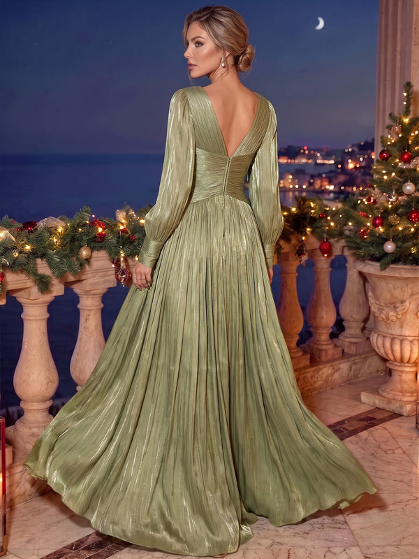 A-Line/Princess Formal Dresses Floor Length Chiffon V-Neck Long Sleeves Runched Sparkle Wedding Guest Dress