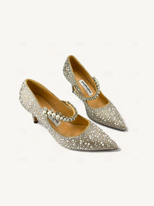 女士婚鞋 水钻闪亮平底尖头新娘鞋