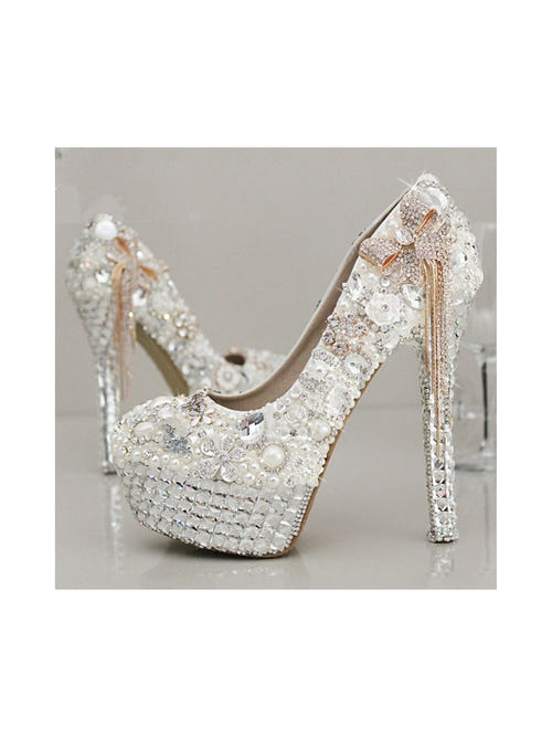 Women's Wedding Shoes Rhinestone Crystal Imitation Pearl Bowknot Tassel Stiletto High Heel Platform Closed Toe Bridal Shoes