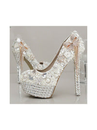 Women's Wedding Shoes Rhinestone Crystal Imitation Pearl Bowknot Tassel Stiletto High Heel Platform Closed Toe Bridal Shoes
