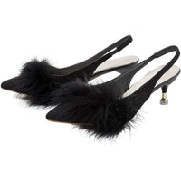 Women's Wedding Shoes Black Pointed Toe Low Heel Buckle Bridal Shoes with Feather
