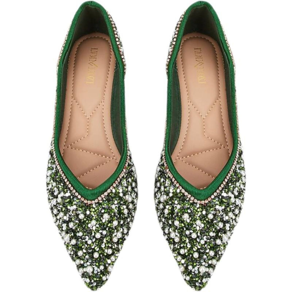 Women's Wedding Shoes Green Pointed Toe Flat Heel Bridal Shoes with Pearls