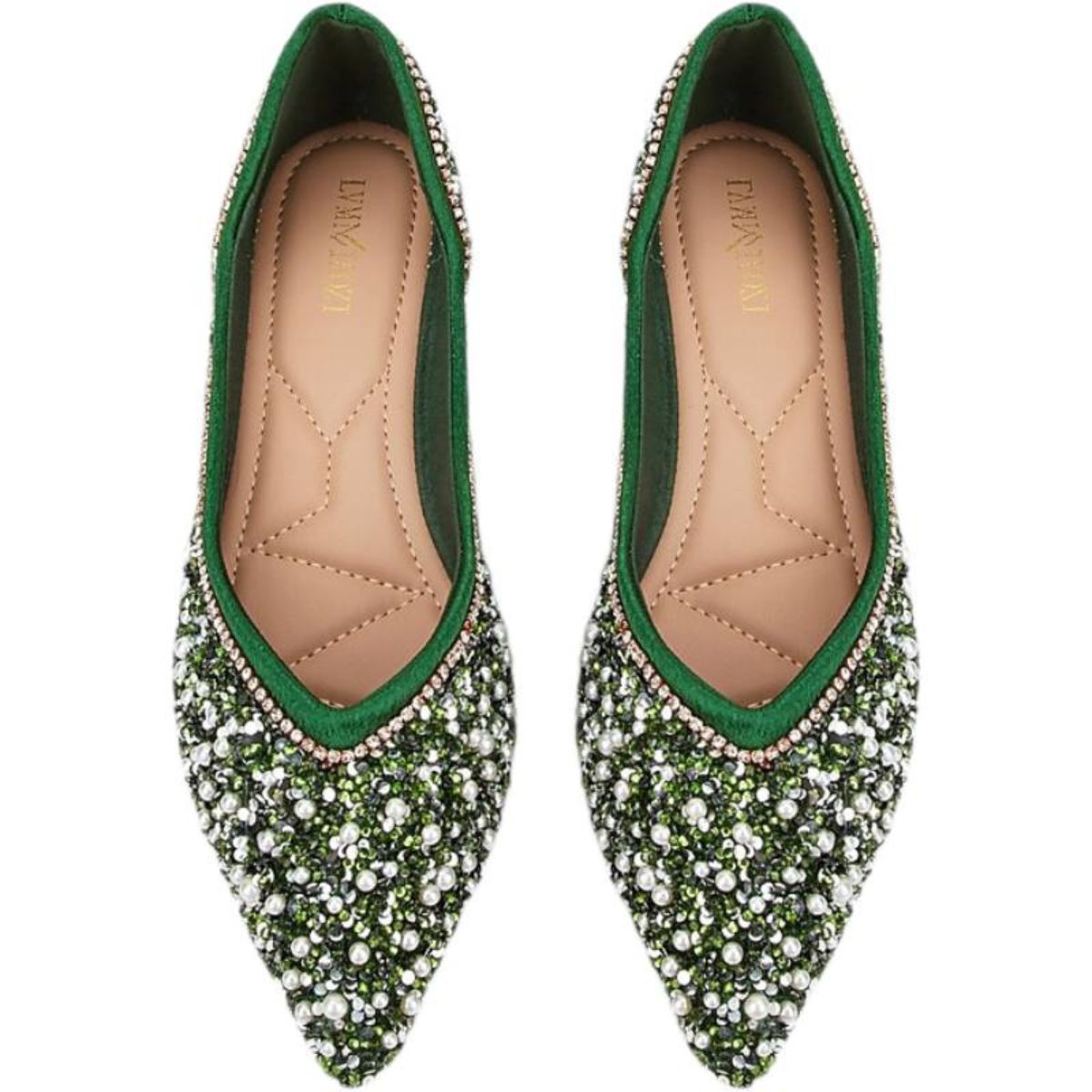 Women's Wedding Shoes Green Pointed Toe Flat Heel Bridal Shoes with Pearls