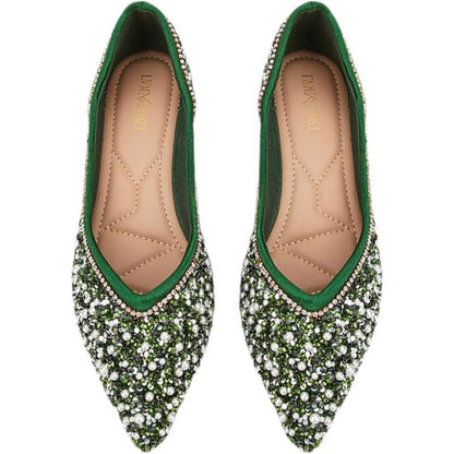 Women's Wedding Shoes Green Pointed Toe Flat Heel Bridal Shoes with Pearls