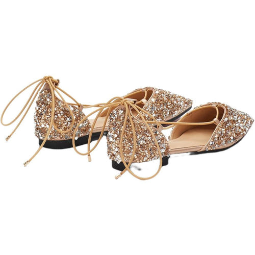 Women's Wedding Shoes Gold Pointed Toe Lace-up Flat Heel Bridal Shoes