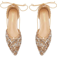 Women's Wedding Shoes Gold Pointed Toe Lace-up Flat Heel Bridal Shoes
