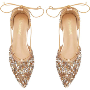 Women's Wedding Shoes Gold Pointed Toe Lace-up Flat Heel Bridal Shoes