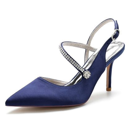 Women's Wedding Shoes Pointed Toe Stiletto Heel Buckle Bridal Shoes with Crystal