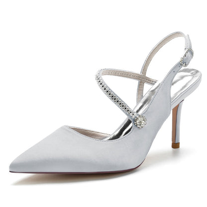 Women's Wedding Shoes Pointed Toe Stiletto Heel Buckle Bridal Shoes with Crystal