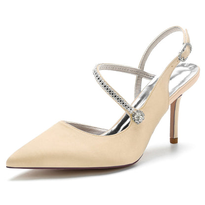 Women's Wedding Shoes Pointed Toe Stiletto Heel Buckle Bridal Shoes with Crystal