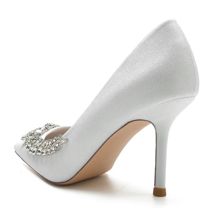 Women's Wedding Shoes Silver Pointed Toe Stiletto Heel Sparkling Bridal Shoes with Rhinestone