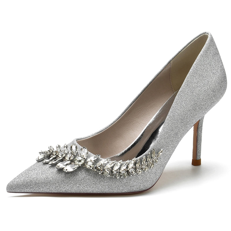 Women's Wedding Shoes Silver Pointed Toe Stiletto Heel Sparkling Bridal Shoes with Rhinestone