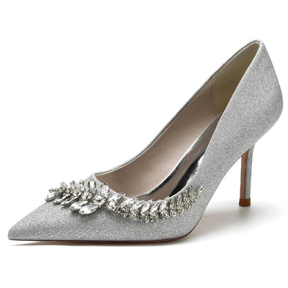 Women's Wedding Shoes Silver Pointed Toe Stiletto Heel Sparkling Bridal Shoes with Rhinestone