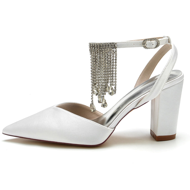 Women's Wedding Shoes Closed Toe Block Heel Buckle Bridal Shoes with Crystal & Tassels