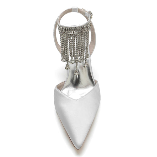 Women's Wedding Shoes Closed Toe Block Heel Buckle Bridal Shoes with Crystal & Tassels