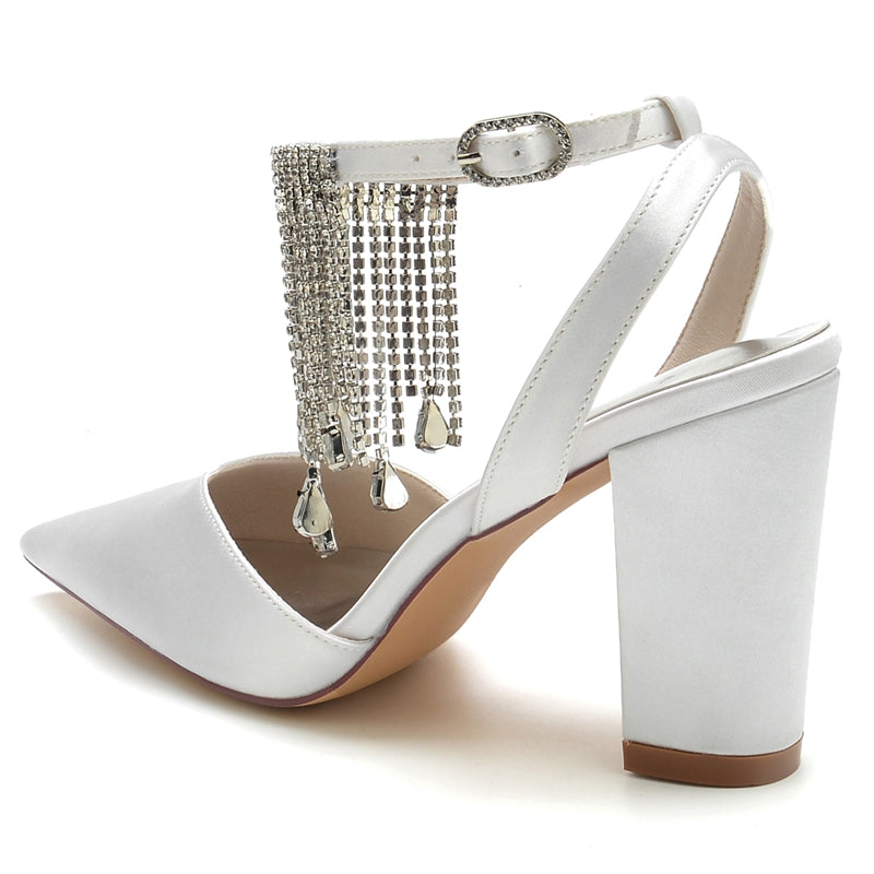 Women's Wedding Shoes Closed Toe Block Heel Buckle Bridal Shoes with Crystal & Tassels