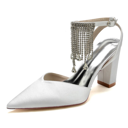 Women's Wedding Shoes Closed Toe Block Heel Buckle Bridal Shoes with Crystal & Tassels