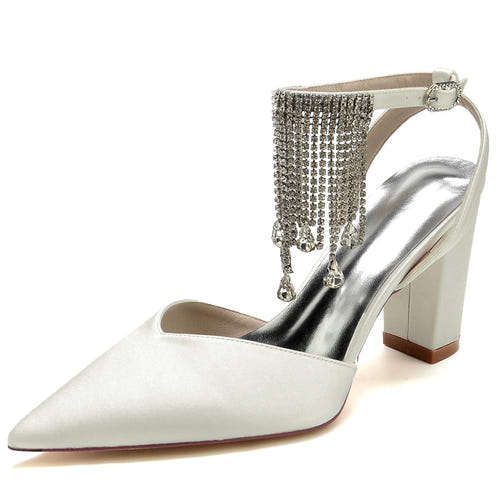 Women's Wedding Shoes Closed Toe Block Heel Buckle Bridal Shoes with Crystal & Tassels